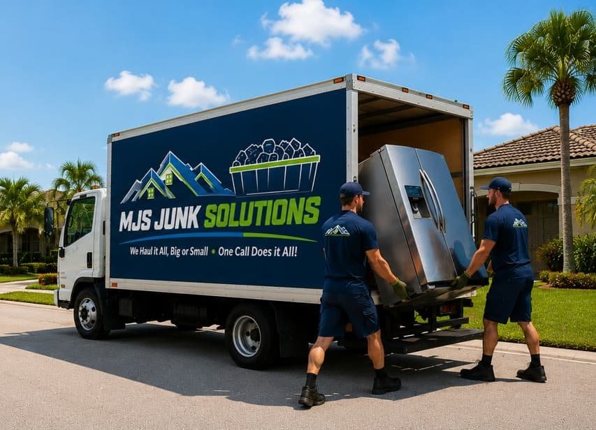 two men removing a refrigerator in highlands county fl neighborhood.