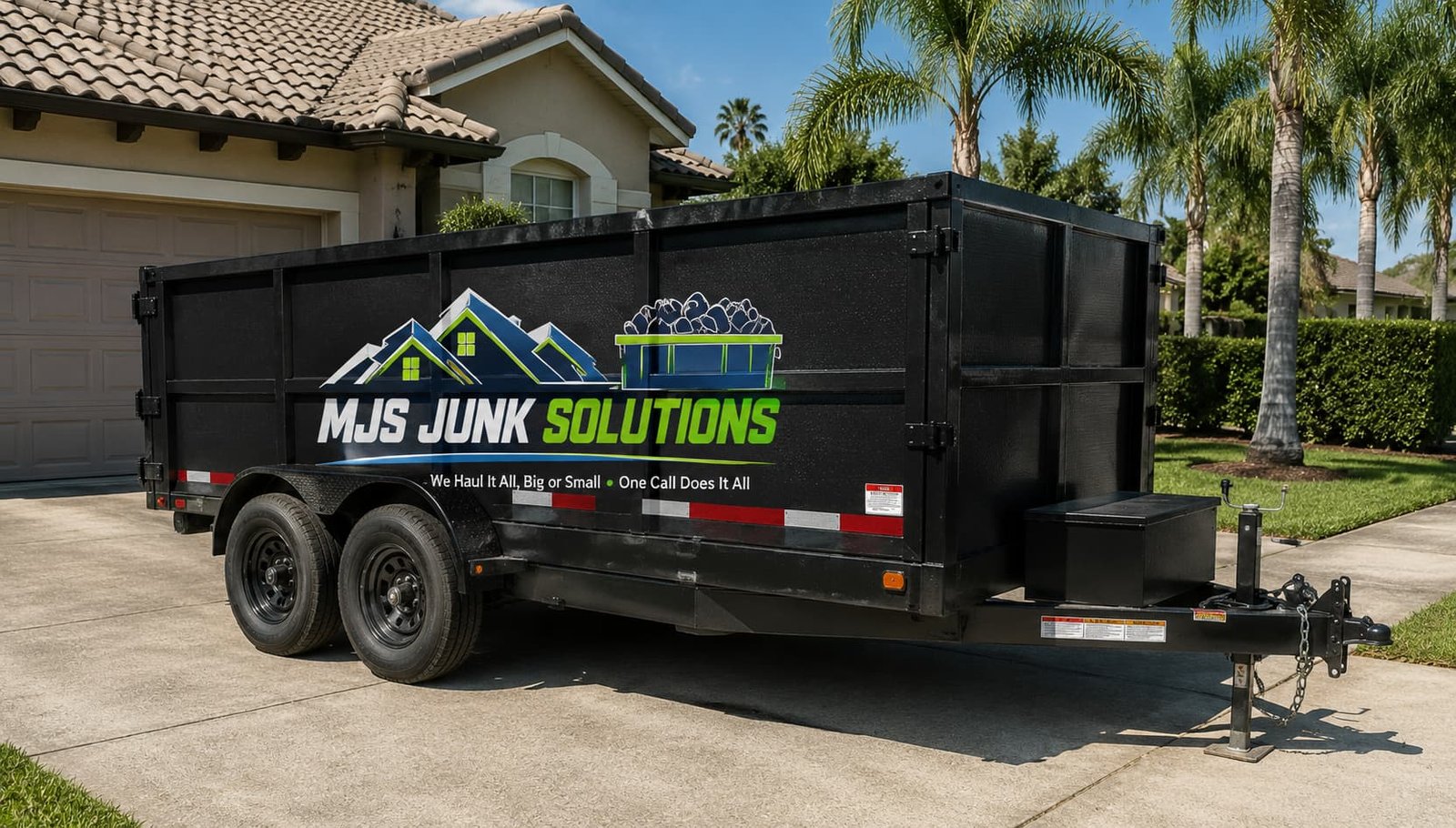 dumpster with the MJS Junk Solutions logo on it parked in a driveway.